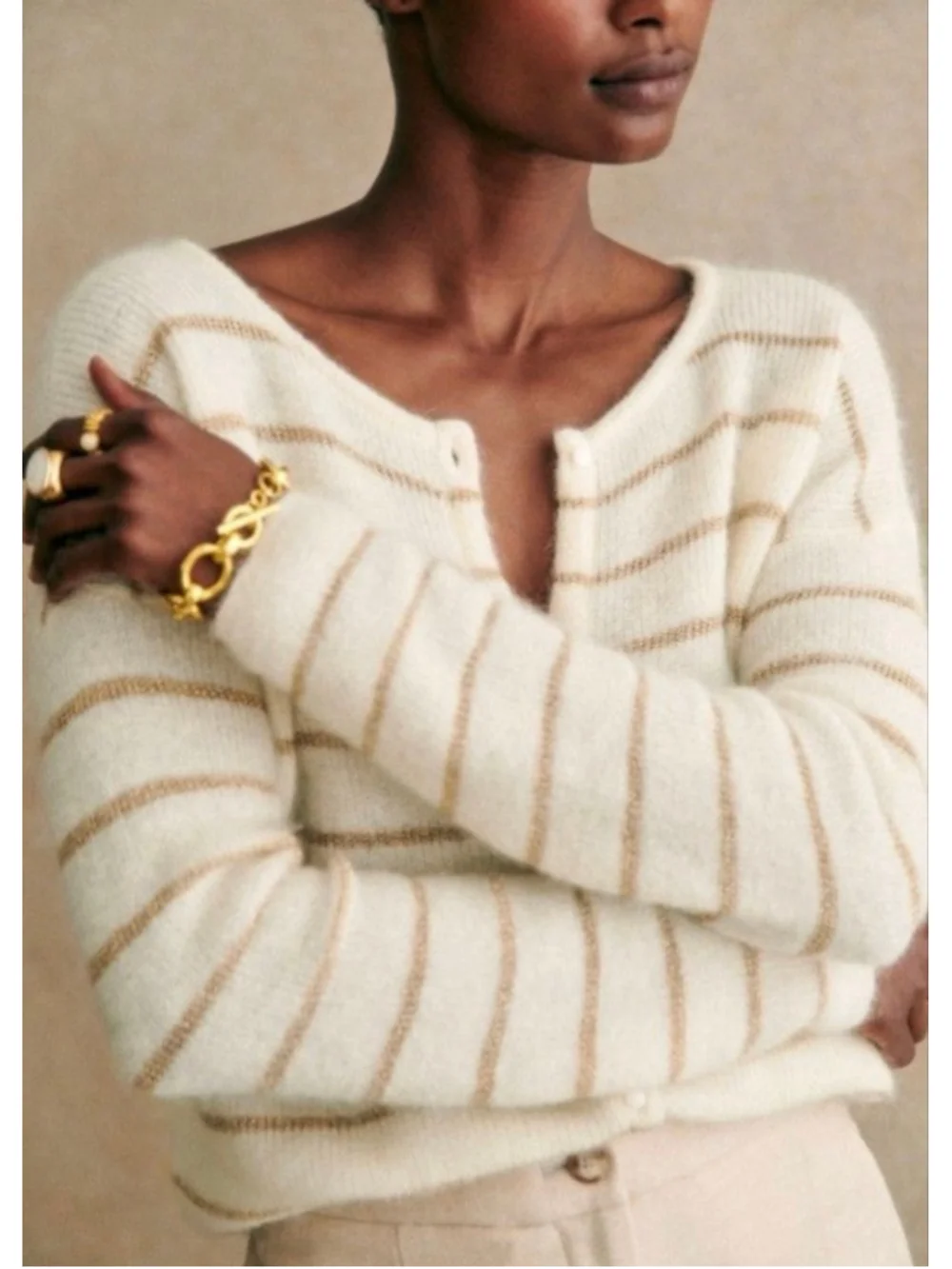 New Sezane Cream Gold Striped Cardigan Sweater S - Picture 2 of 8